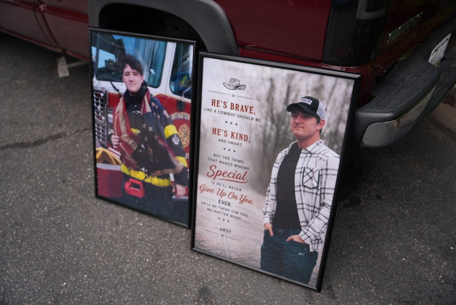 Mason's truck with his framed portraits